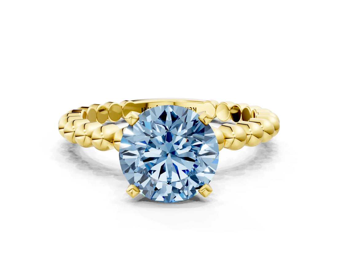 Yellow gold Fancy Blue Round  Solitaire Beaded Band Prong Setting Ring