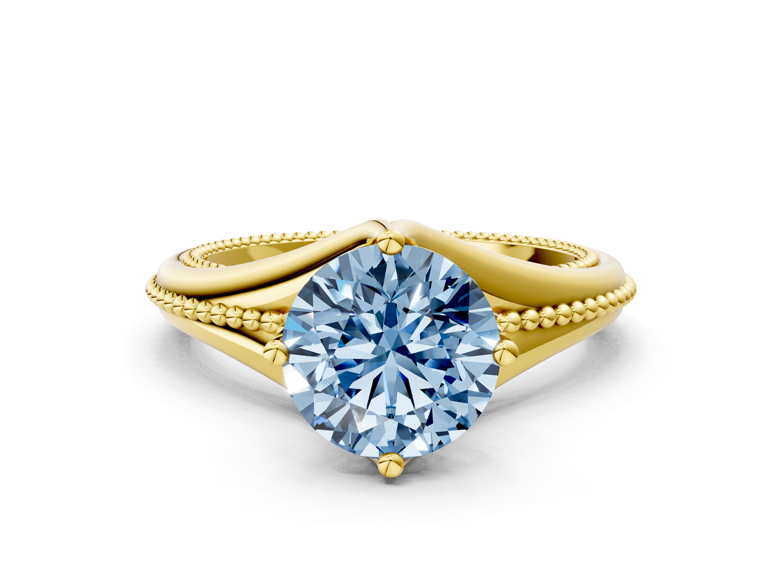 Yellow gold Fancy Blue Round  Solitaire Beaded Band Six-Prong Setting