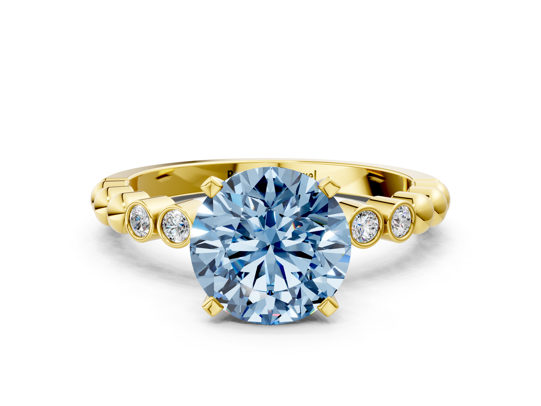 Yellow gold Fancy Blue Round  Solitaire Bezel Accent Diamond Engagement Ring with Beaded Band and Four-Prong Setting_59