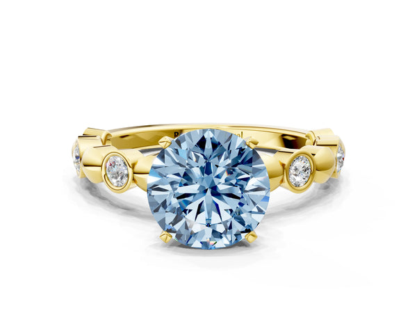 Yellow gold Fancy Blue Round  Solitaire Bezel-Set Diamond Ring with Beaded Band and Four-Prong Setting