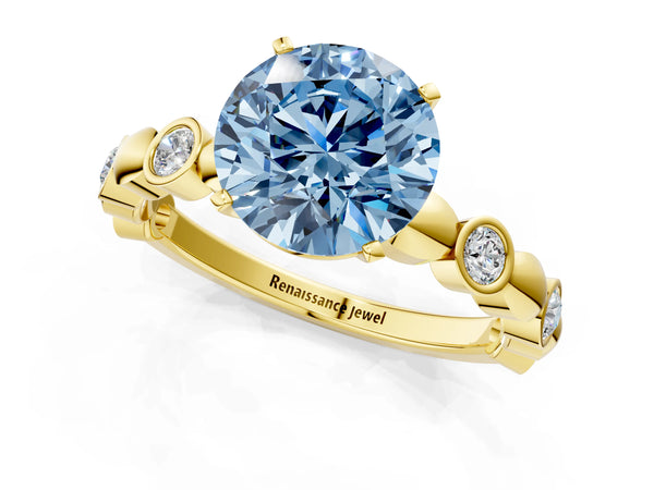 Yellow gold Fancy Blue Round  Solitaire Bezel-Set Diamond Ring with Beaded Band and Four-Prong Setting