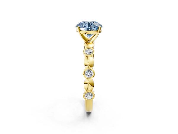 Yellow gold Fancy Blue Round  Solitaire Bezel-Set Diamond Ring with Beaded Band and Four-Prong Setting