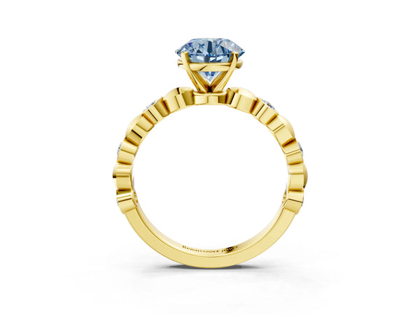 Yellow gold Fancy Blue Round  Solitaire Bezel-Set Diamond Ring with Beaded Band and Four-Prong Setting