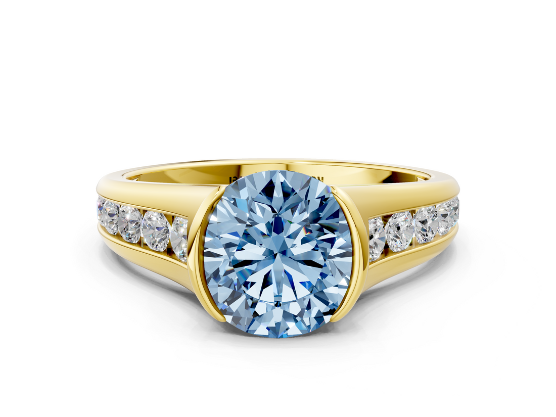 Yellow gold Fancy Blue Round  Solitaire Bezel-Set Diamond Ring with Channel-Set Band_37