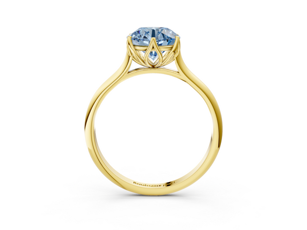 Yellow gold Fancy Blue Round  Solitaire Cathedral Diamond Ring with Six-Prong Setting