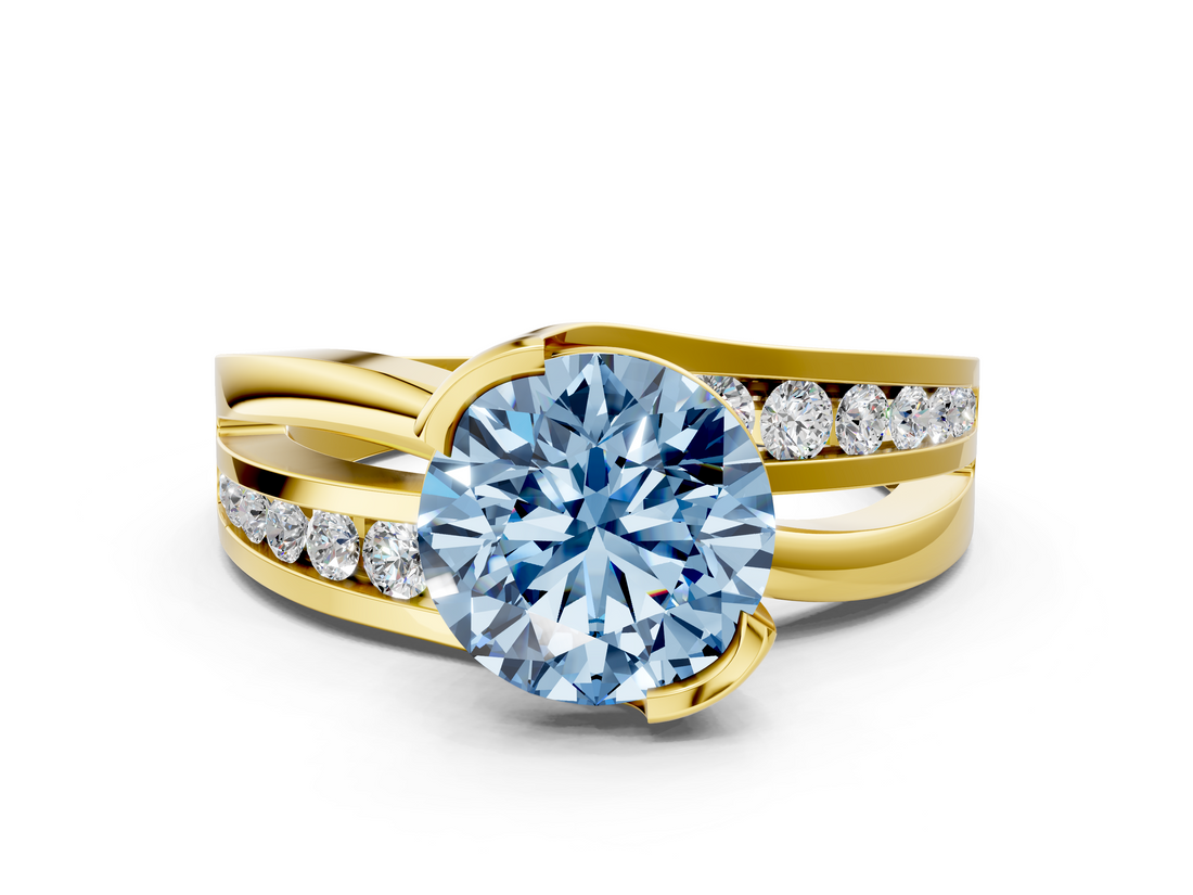 Yellow gold Fancy Blue Round  Solitaire Channel-Set Split Shank Ring with Tension Prong Setting_3