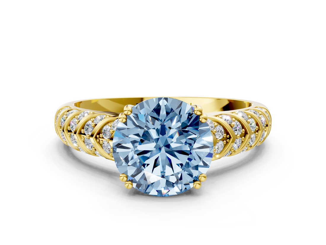 Yellow gold Fancy Blue Round  Solitaire Chevron Pave Diamond Engagement Ring with Six-Prong Setting_3