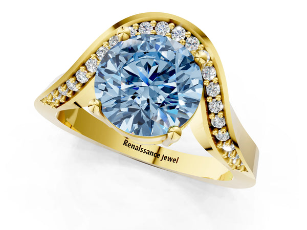 Yellow gold Fancy Blue Round  Solitaire Diamond Engagement Ring with Pave Band and Four-Prong Setting
