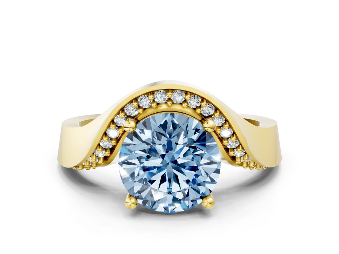 Yellow gold Fancy Blue Round  Solitaire Diamond Engagement Ring with Pave Band and Four-Prong Setting