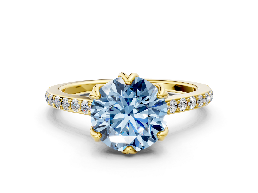Yellow gold Fancy Blue Round  Solitaire Diamond Engagement Ring with Pave Band and Six-Prong Setting_20