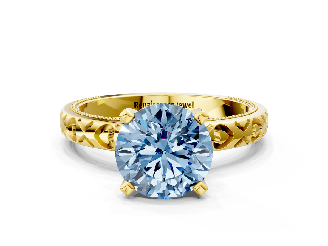 Yellow gold Fancy Blue Round  Solitaire Diamond Engagement Ring with XO Engraved Band and Four-Prong Setting 2