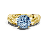 Yellow gold Fancy Blue Round  Solitaire Diamond Leaf Vine Band with Prong Setting_59