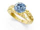 Yellow gold Fancy Blue Round  Solitaire Diamond Leaf Vine Band with Prong Setting_60