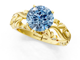 Yellow gold Fancy Blue Round  Solitaire Diamond Leaf Vine Band with Prong Setting_62