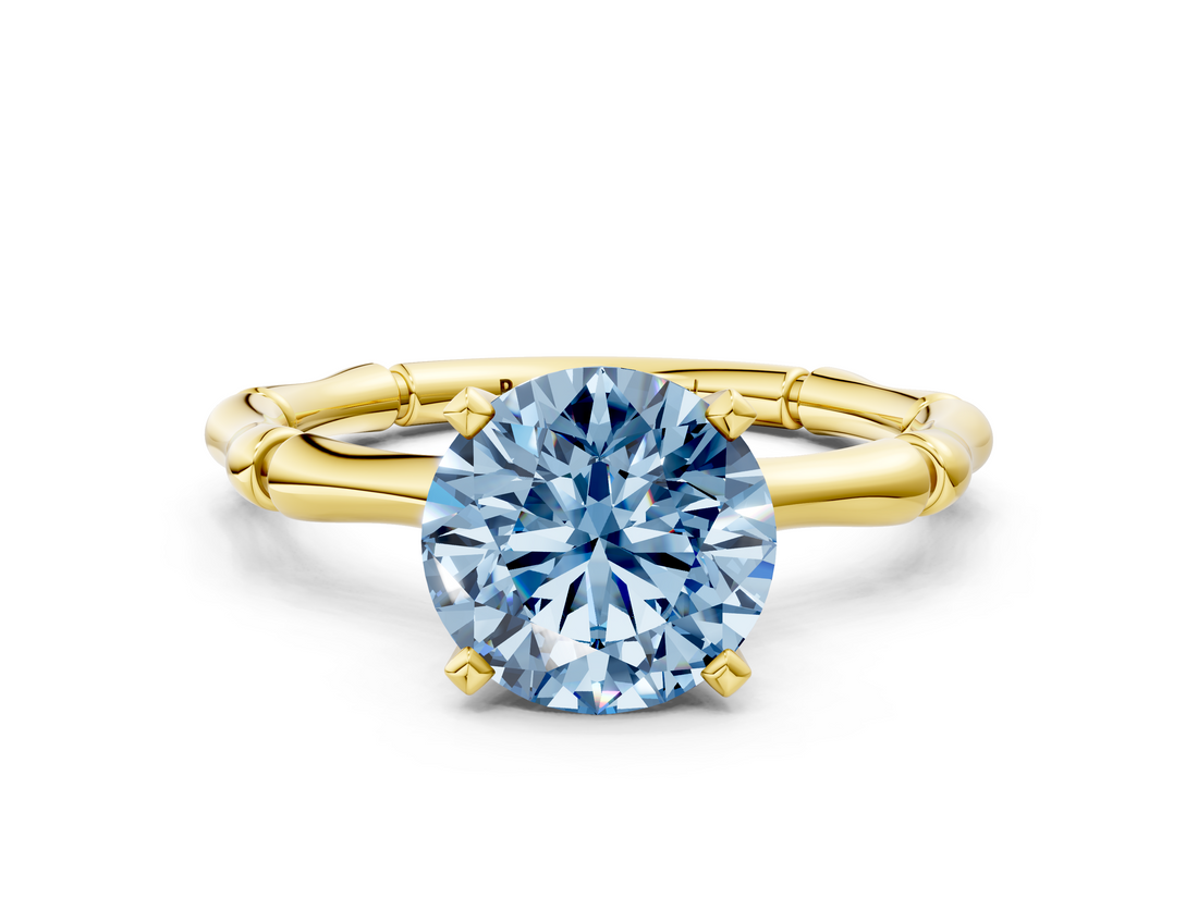 Yellow gold Fancy Blue Round  Solitaire Diamond Ring with Bamboo Band and Four-Prong Setting_56