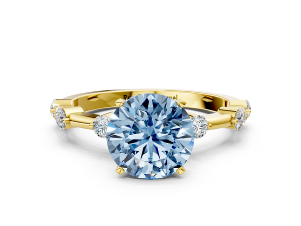Yellow gold Fancy Blue Round  Solitaire Diamond Ring with Bezel Set Side Stones and Prong Setting