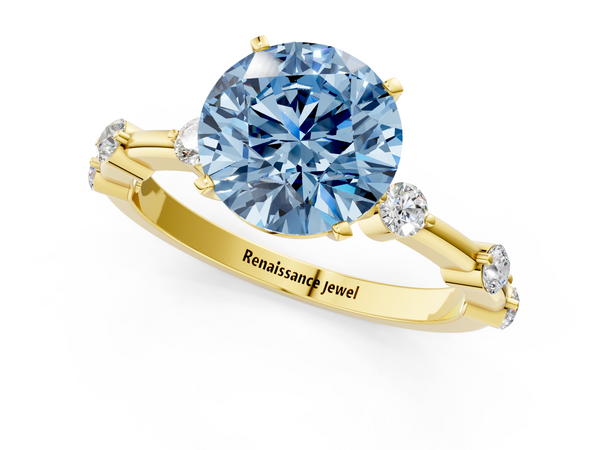 Yellow gold Fancy Blue Round  Solitaire Diamond Ring with Bezel Set Side Stones and Prong Setting