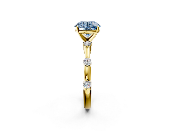 Yellow gold Fancy Blue Round  Solitaire Diamond Ring with Bezel Set Side Stones and Prong Setting