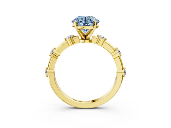Yellow gold Fancy Blue Round  Solitaire Diamond Ring with Bezel Set Side Stones and Prong Setting
