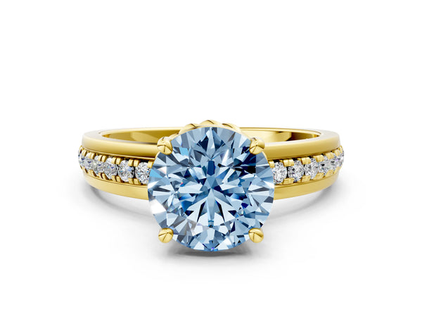 Yellow gold Fancy Blue Round  Solitaire Diamond Ring with Channel Set Band and Six-Prong Setting