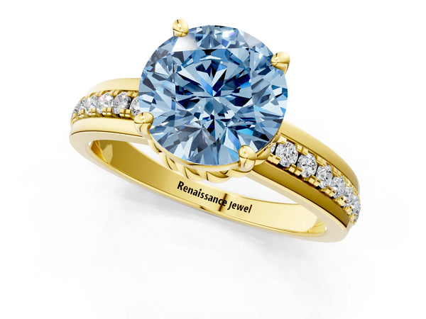 Yellow gold Fancy Blue Round  Solitaire Diamond Ring with Channel Set Band and Six-Prong Setting