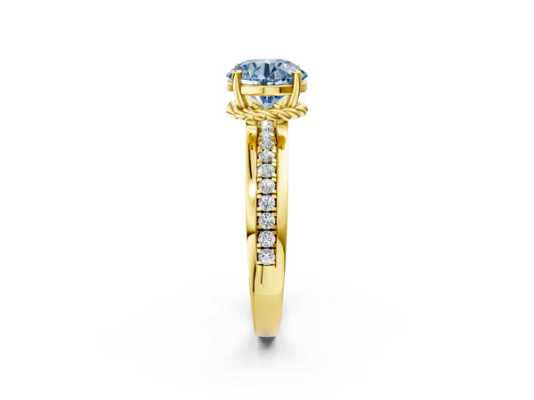 Yellow gold Fancy Blue Round  Solitaire Diamond Ring with Channel Set Band and Six-Prong Setting