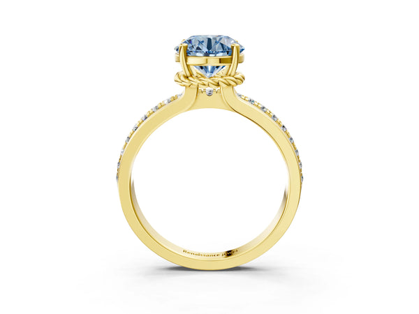 Yellow gold Fancy Blue Round  Solitaire Diamond Ring with Channel Set Band and Six-Prong Setting