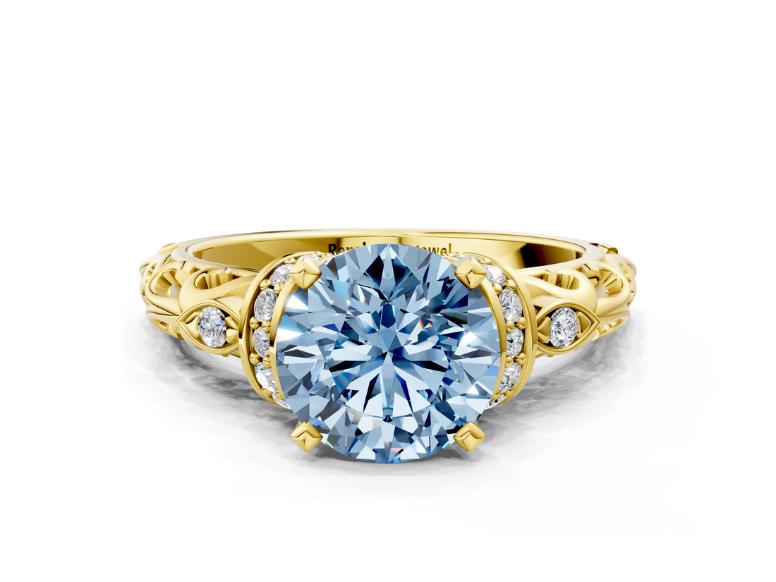 Yellow gold Fancy Blue Round  Solitaire Diamond Ring with Filigree Band and Four-Prong Setting_45