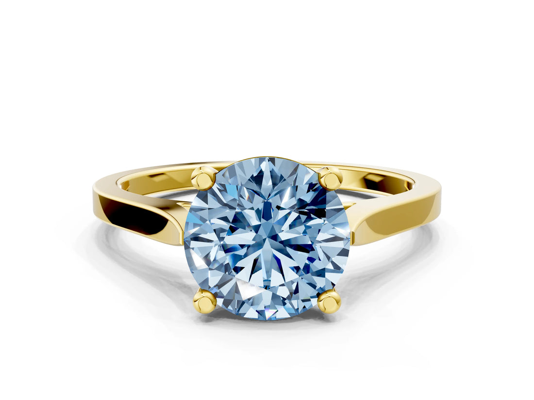 Yellow gold Fancy Blue Round  Solitaire Diamond Ring with Four-Prong Setting and Tapered Band 1