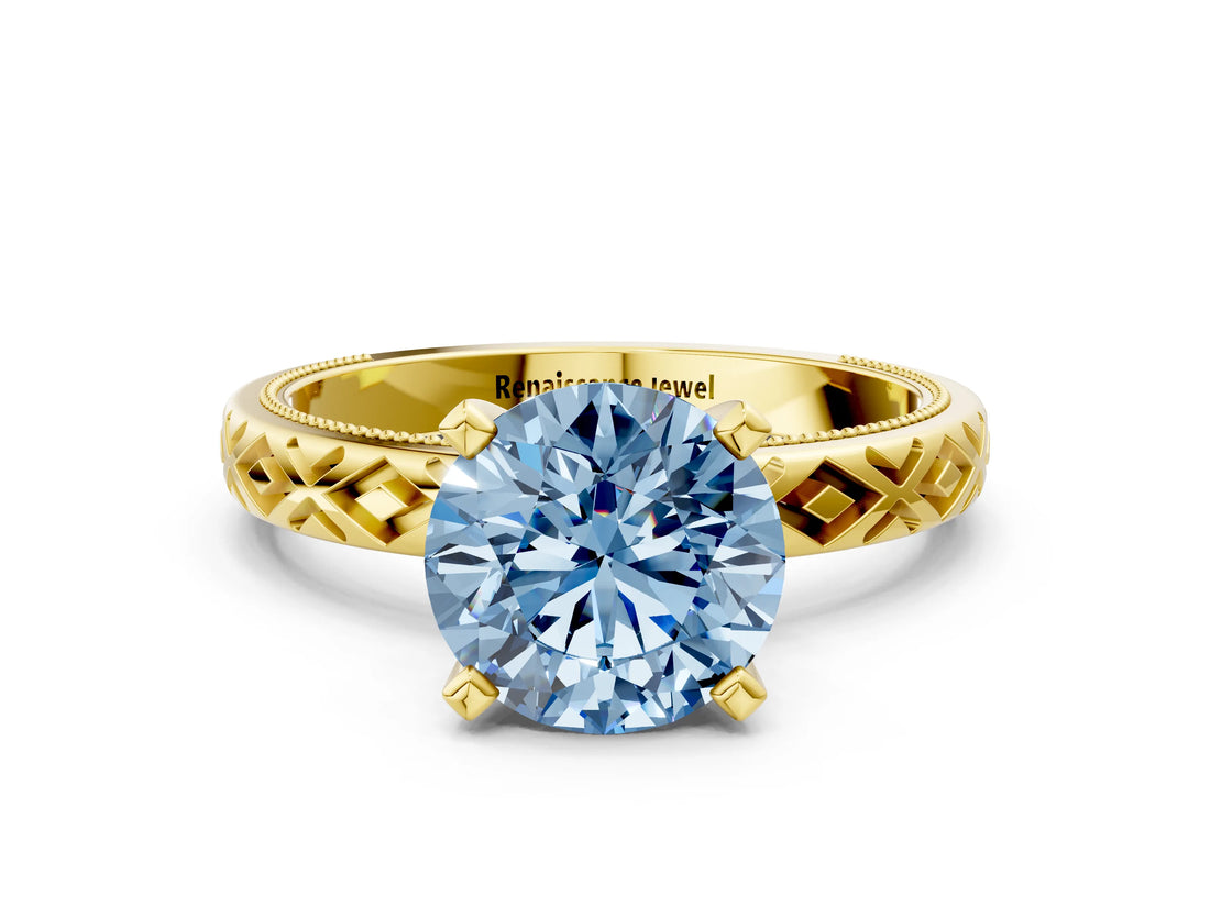 Yellow gold Fancy Blue Round  Solitaire Diamond Ring with Milgrain and Black Enamel X Pattern Band_200