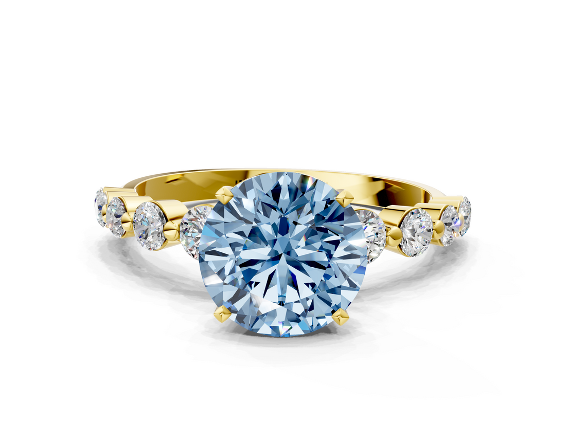 Yellow gold Fancy Blue Round  Solitaire Diamond Ring with Pave Band and Four-Prong Setting_184