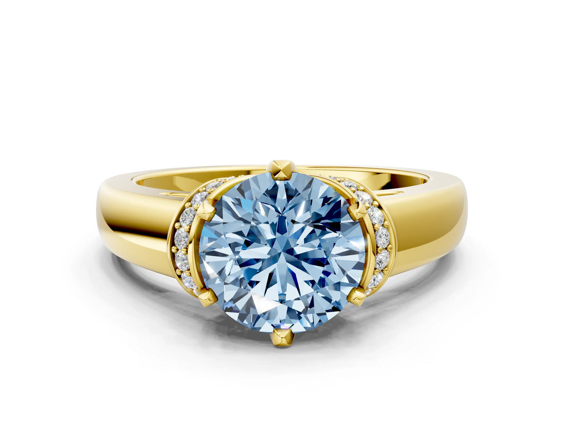 Yellow gold Fancy Blue Round  Solitaire Diamond Ring with Pave Band and Six-Prong Setting_32