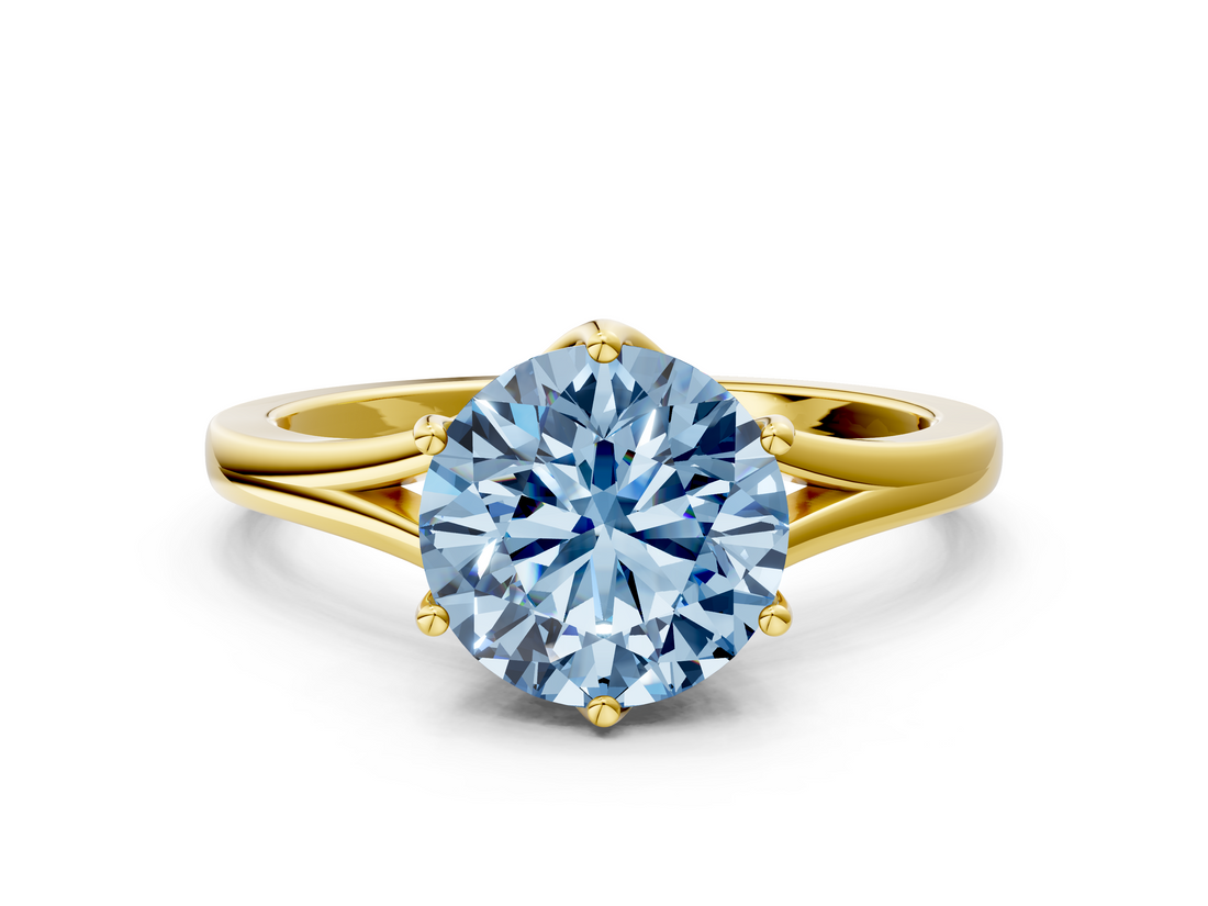 Yellow gold Fancy Blue Round  Solitaire Diamond Ring with Six-Prong Setting and Tapered Band_17