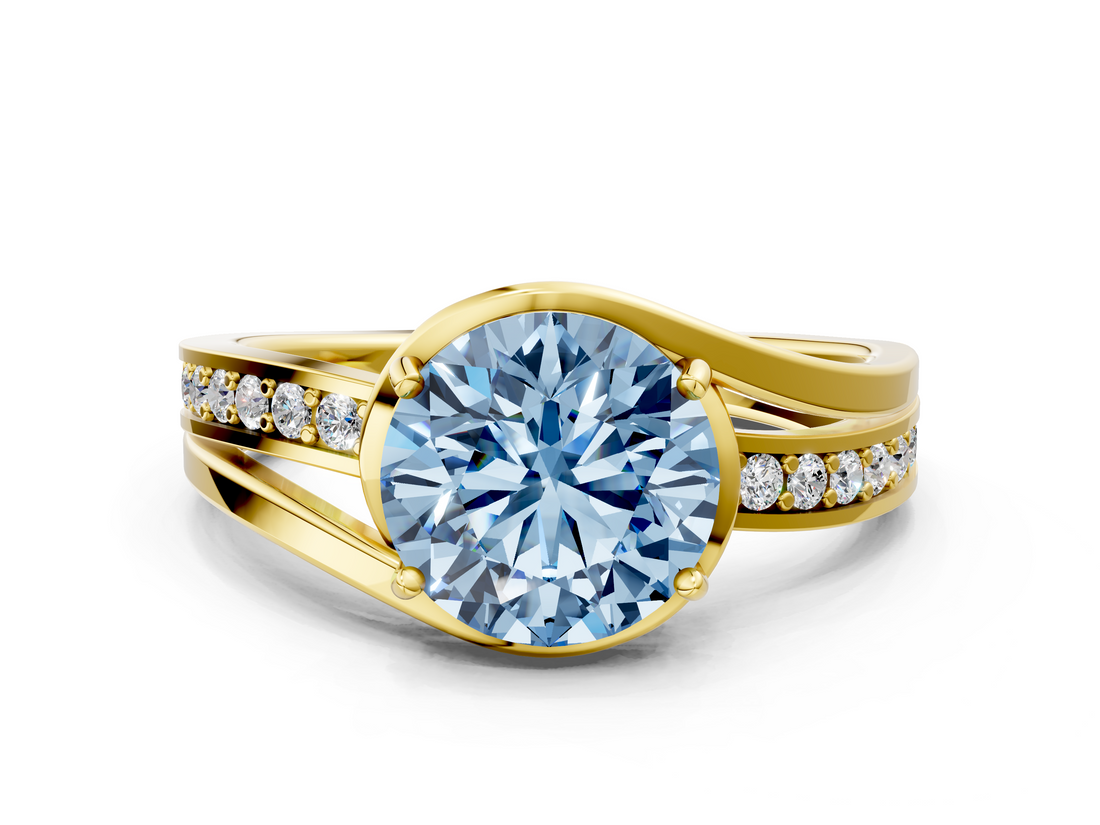 Yellow gold Fancy Blue Round  Solitaire Diamond Ring with Split Shank and Prong Setting_41