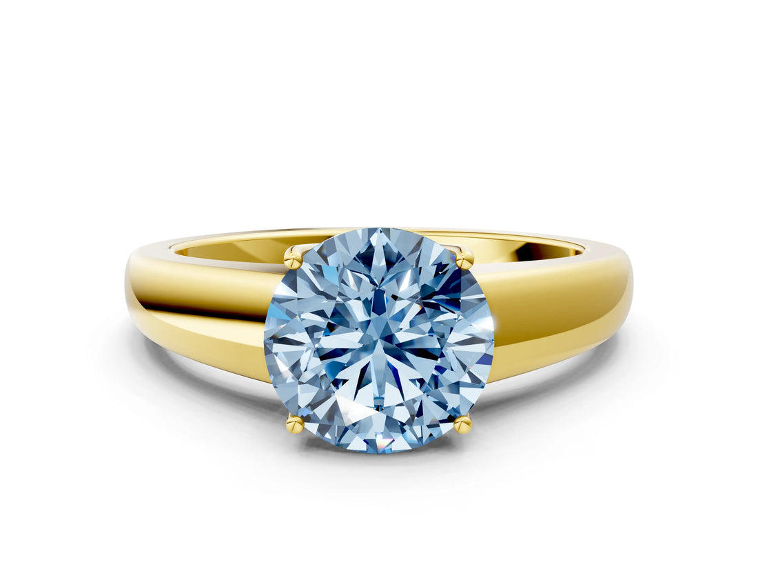 Yellow gold Fancy Blue Round  Solitaire Diamond Ring with Tapered Band and Four-Prong Setting_48