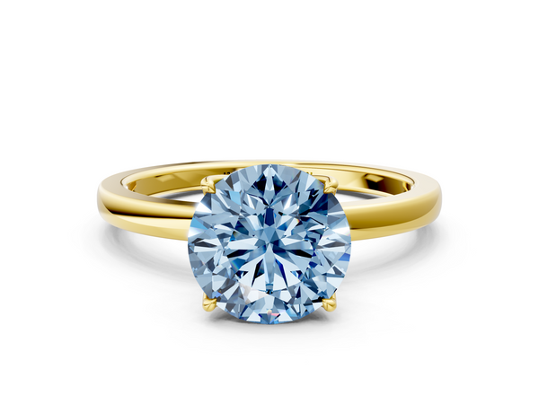 Yellow gold Fancy Blue Round  Solitaire Diamond Ring with Thin Band and Four-Prong Setting