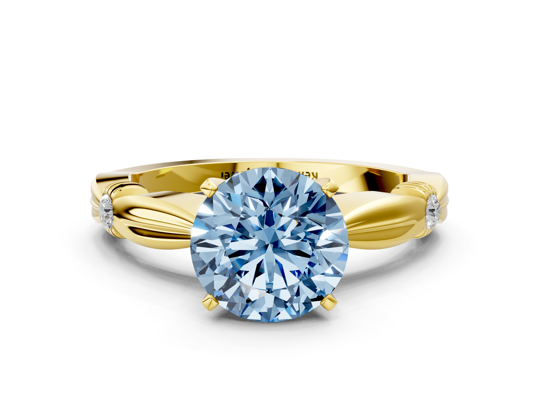 Yellow gold Fancy Blue Round  Solitaire Diamond Twisted Band with Four-Prong Setting_45