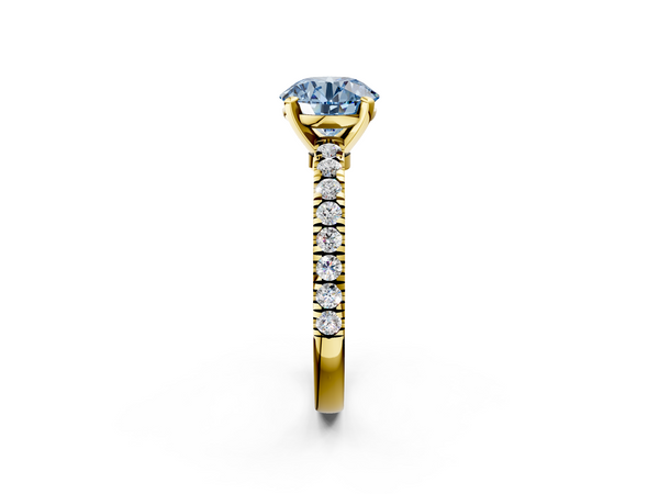 Yellow gold Fancy Blue Round  Solitaire Diamond with Pavé Band and Four-Prong Setting