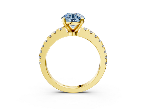 Yellow gold Fancy Blue Round  Solitaire Diamond with Pavé Band and Four-Prong Setting