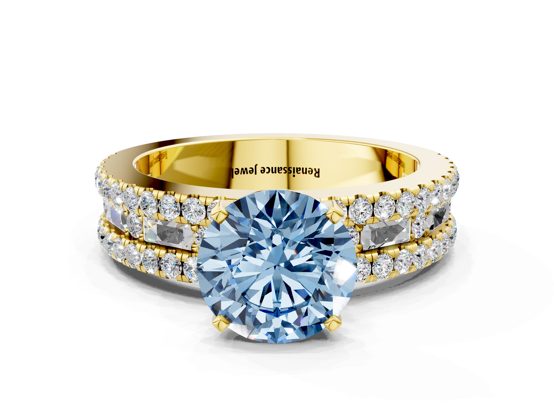 Yellow gold Fancy Blue Round  Solitaire Diamond with Pave and Channel Set Band_74