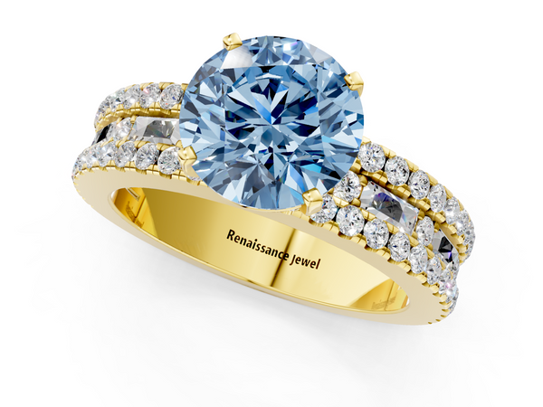 Yellow Gold Round Pave and Baguette Engagement Ring Setting for Fancy Blue Center