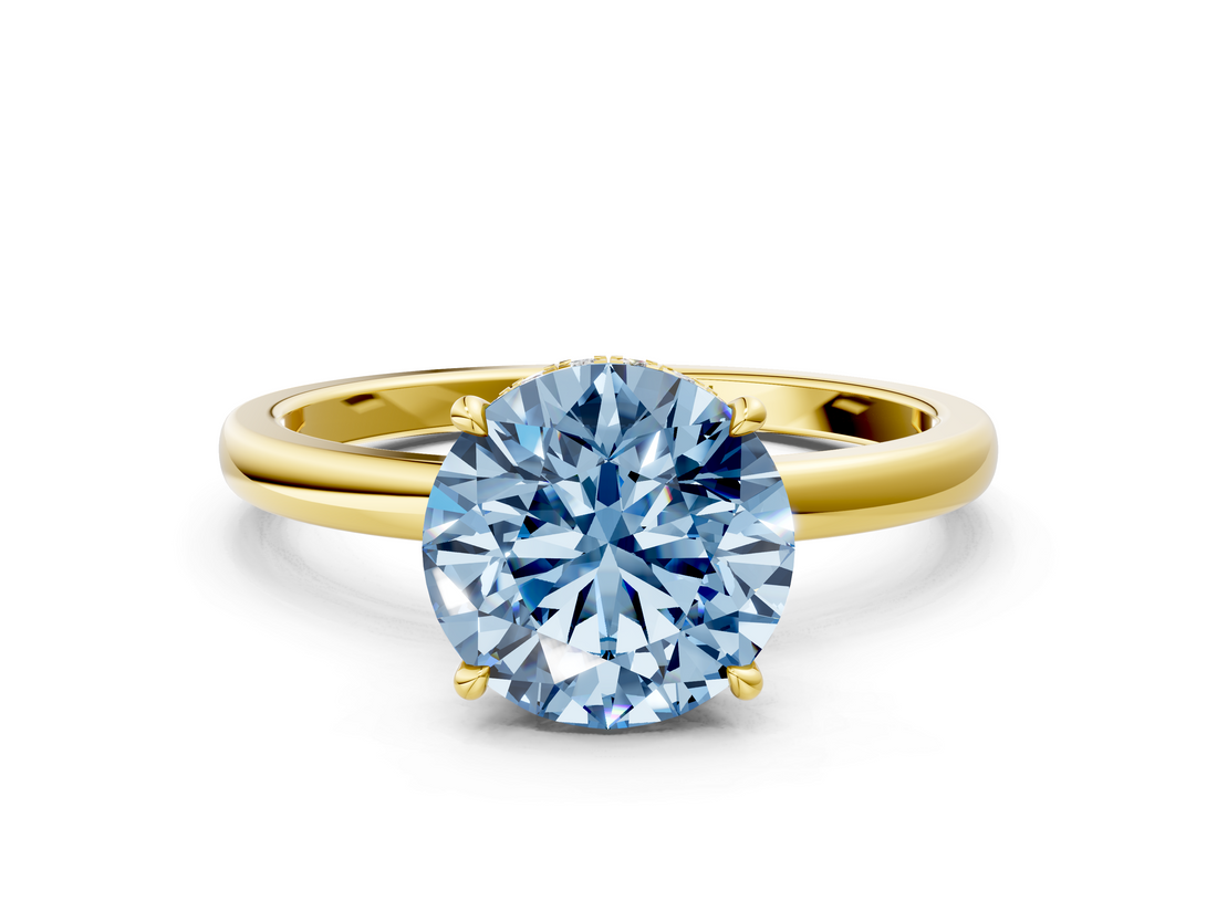 Yellow gold Fancy Blue Round  Solitaire Engagement Ring with Cathedral Band and Four-Prong Setting_21