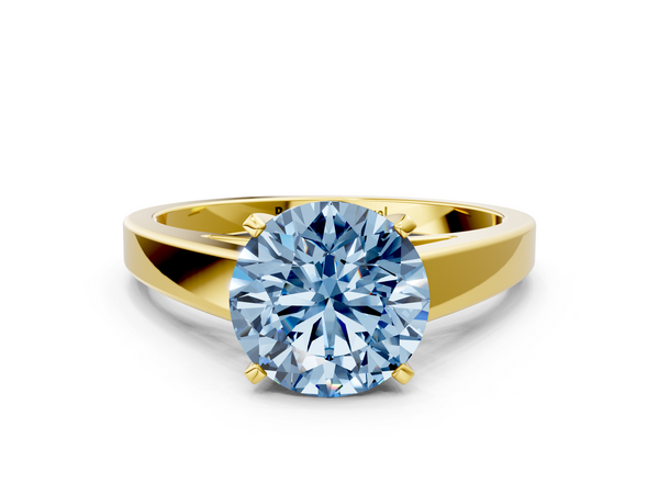 Yellow gold Fancy Blue Round  Solitaire Engagement Ring with Four-Prong Setting and Tapered Band