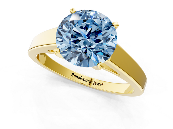 Yellow gold Fancy Blue Round  Solitaire Engagement Ring with Four-Prong Setting and Tapered Band