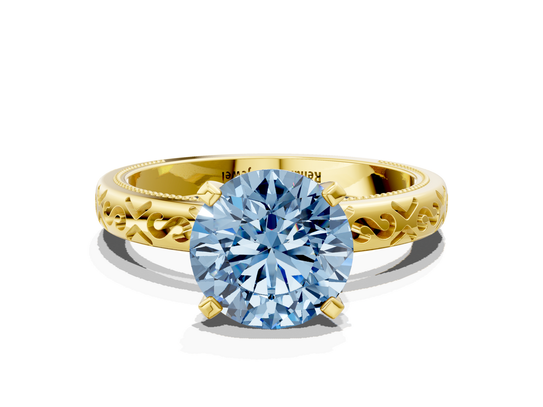 Yellow gold Fancy Blue Round  Solitaire Engagement Ring with Scrollwork Band and Four-Prong Setting_132
