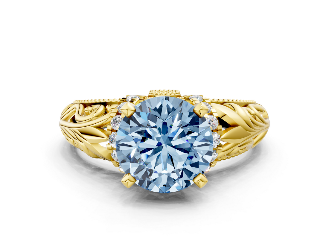 Yellow gold Fancy Blue Round  Solitaire Filigree Engagement Ring with Halo and Prong Setting_46