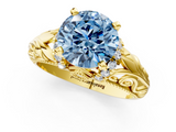 Yellow gold Fancy Blue Round  Solitaire Filigree Engagement Ring with Halo and Prong Setting_47