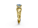Yellow gold Fancy Blue Round  Solitaire Filigree Engagement Ring with Halo and Prong Setting_48