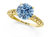 Yellow gold Fancy Blue Round  Solitaire Floral Milgrain Engagement Ring_31