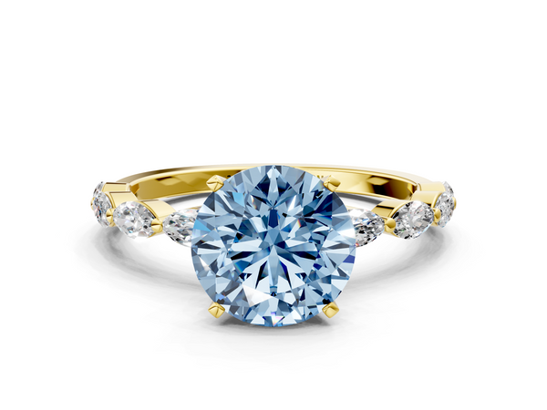 Yellow gold Fancy Blue Round Cut Diamond Ring with Marquise Side Stones and Prong Setting